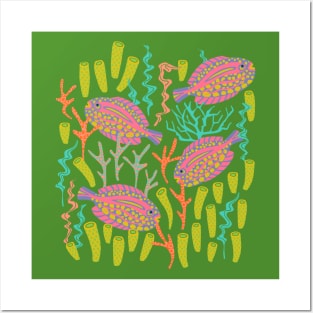 TROPICAL ZONE Coral Reef Fish Undersea Ocean Sea Creatures in Pink Purple Yellow Orange on Green - UnBlink Studio by Jackie Tahara Posters and Art